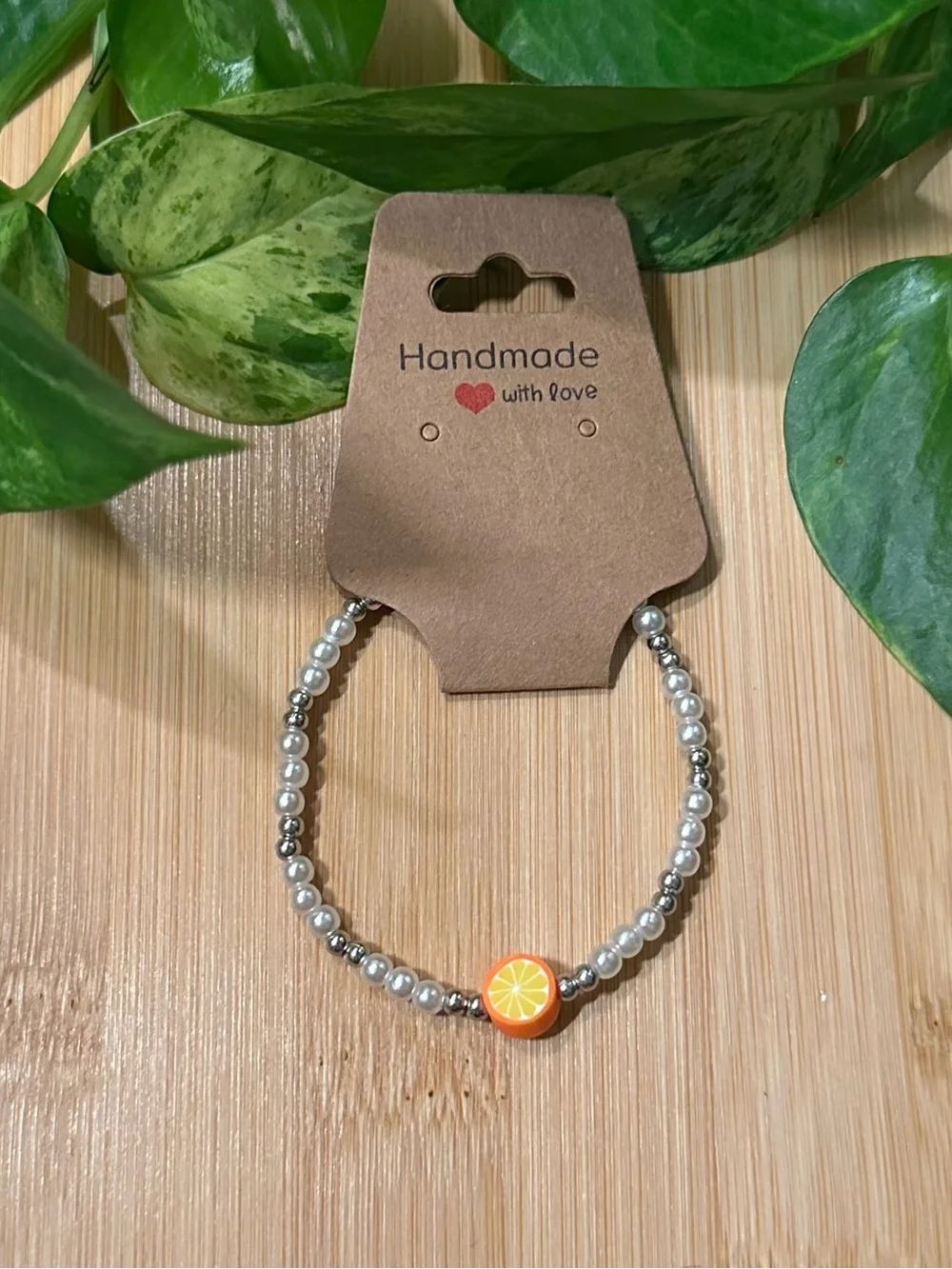 🍊✨ Orange Stretchy Beaded Bracelet | Handmade | Clay Orange Charm 🍊